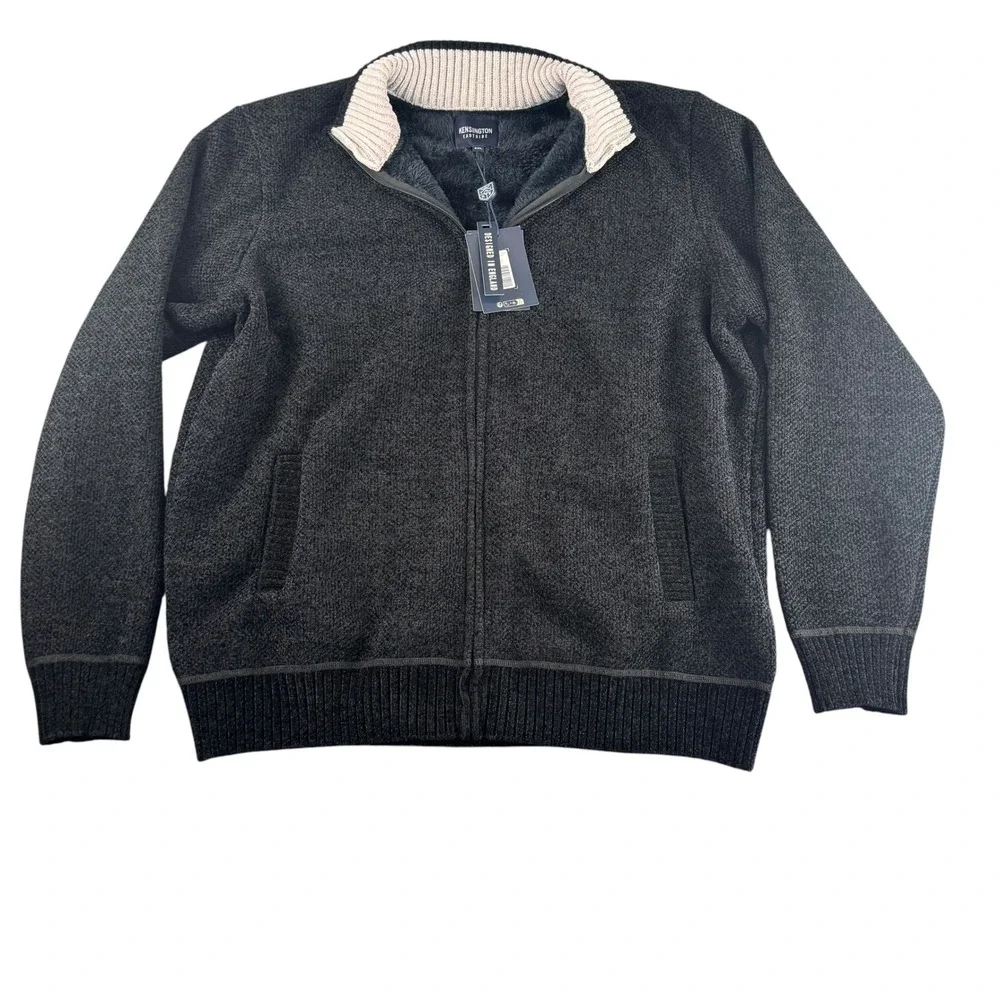 Kensington Eastside Mens XXL Black Marl Faux Fur Lined Full Zip Sweater Jacket